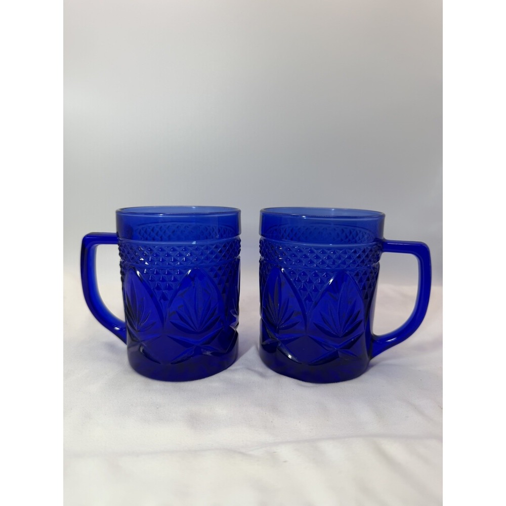 2 Vintage Arcoroc Cobalt Blue Glass Coffee Tea Cup Mug Embossed